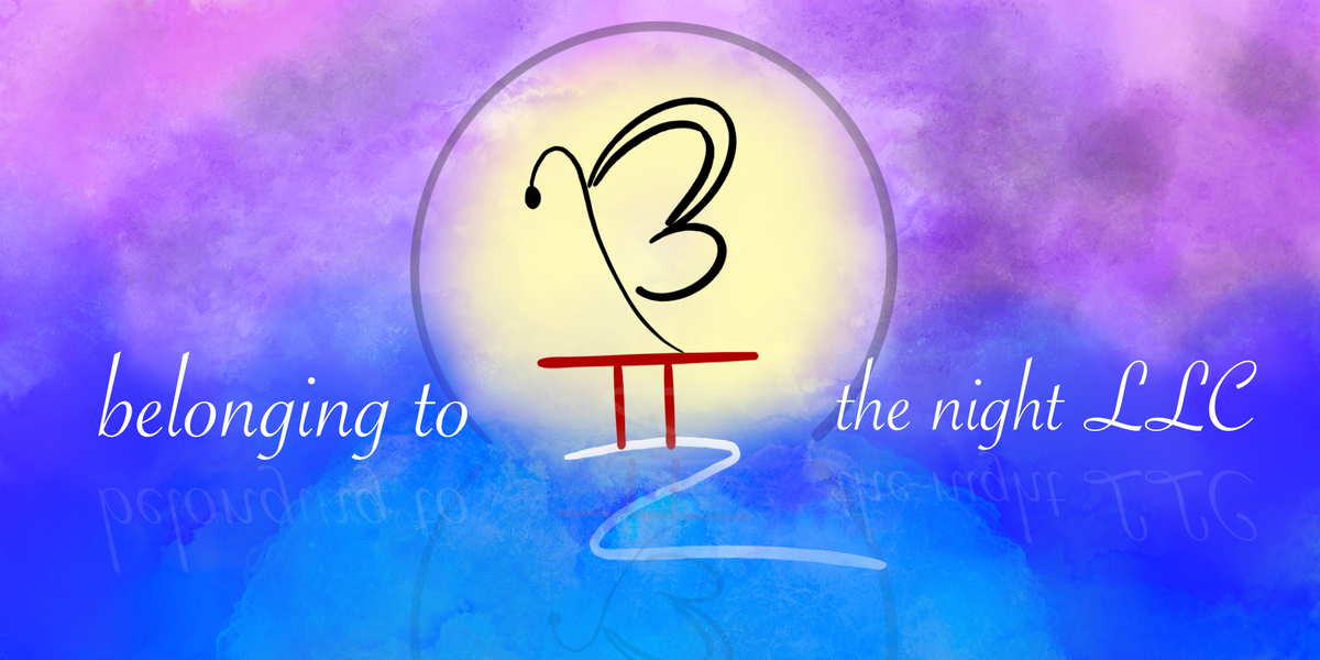purple and blue background with yellow moon. White text: belonging to the night. Black, red, and white logo at center of yellow moon.